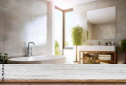 Empty wooden table and blurred view of stylish bathroom interior.