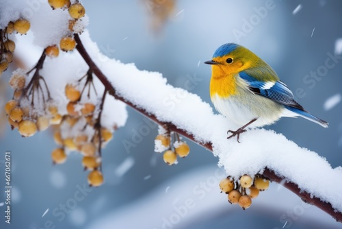 Little frozen yellow bid sits on a snow-covered branch on frosty snowy morning. Bird in forest, wildlife scene from nature. First snow. Winter time concept