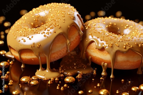 Golden donuts dripping on dark background