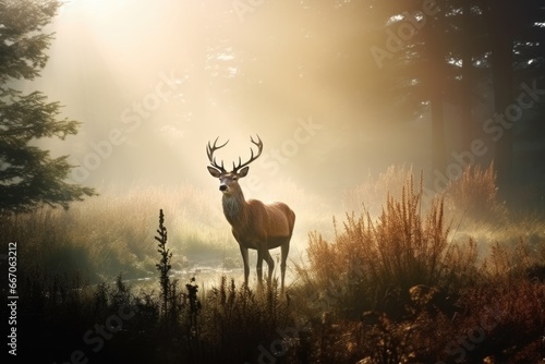 Red deer stag in the autumn forest. Noble deer male. Beautiful animal in the nature habitat. Wildlife scene, wild nature landscape. Wallpaper, beautiful fall background with copy space © ratatosk