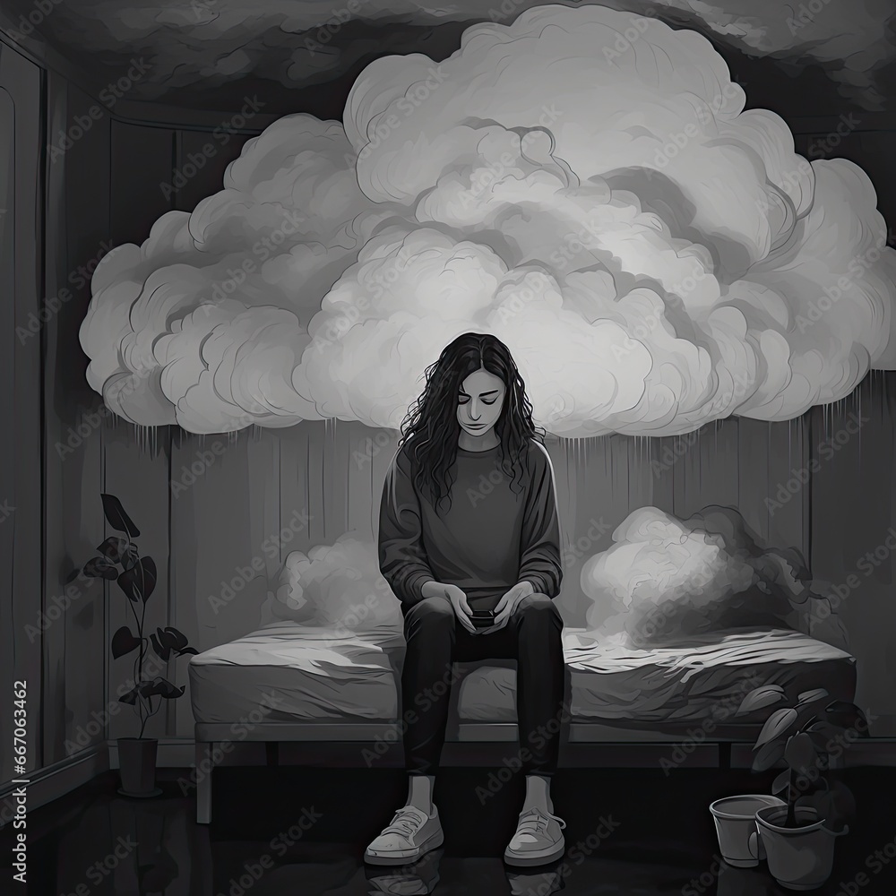 Φωτογραφία Black and white illustration of a young woman sitting on a bed in her room, plants in the pot on the floor, floating cloud behind her back