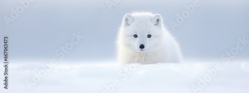White baby arctic fox (Vulpes Lagopus) in Arctic. Snow fox in nature habitat. Wildlife action scene from nature. Winter landscape with beautiful animal