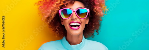 Girl in sunglasses posing on a colored background with a smile . Generative AI