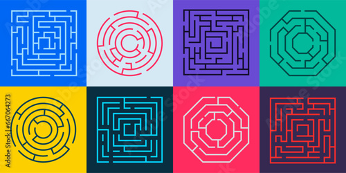 Maze path. Round labyrinth riddle with wrong way and right way, labyrinth puzzle with gate and deadlock, maze game concept. Vector illustration of riddle way challenge