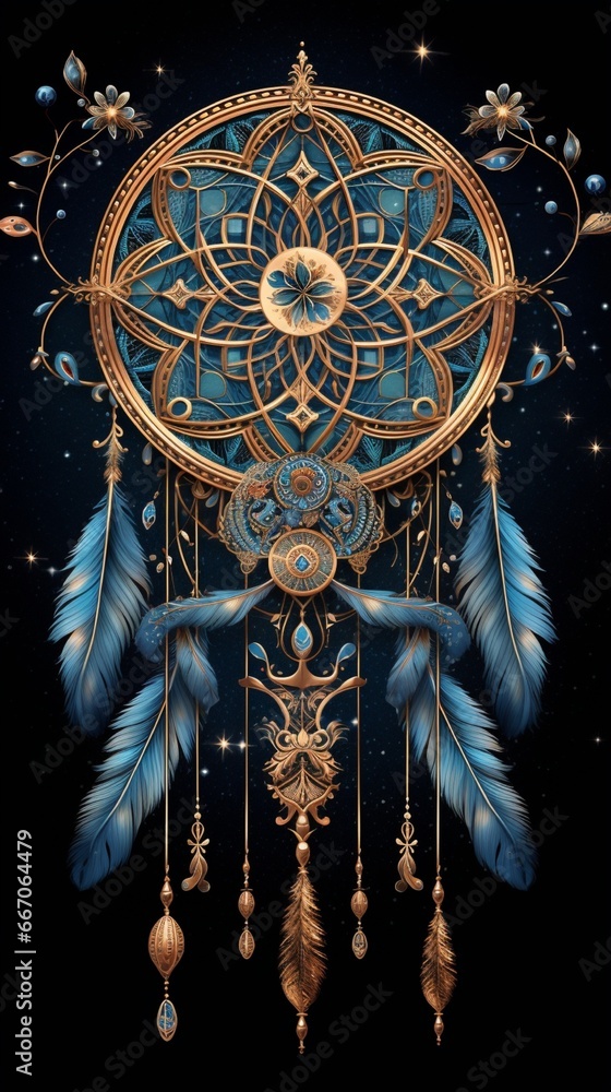 A dream catcher suspended in a starlit sky, capturing the magic of the universe in its intricate design.