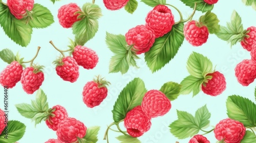 Pattern with sweet raspberries on a light background. AI generated