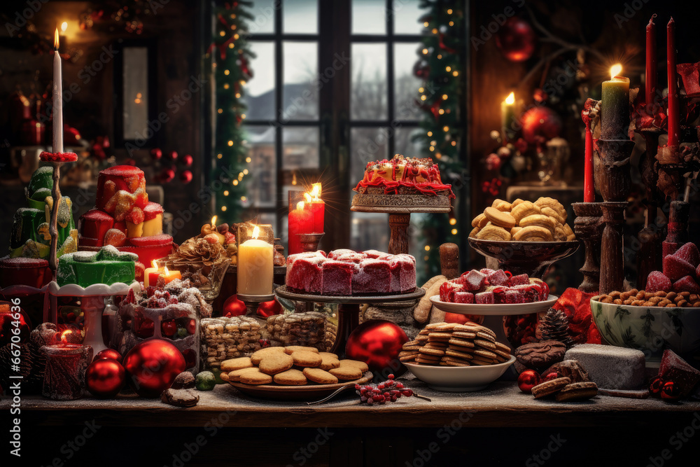 Fototapeta premium Thanksgiving Food and Dessert for party invitation, Christmas party celebration with dinner meal on table, Happy new year and Xmas scene, wooden table full of food and treats.