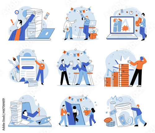 Business chaos. Vector illustration. The tangled web tasks and responsibilities leads to anxiety and depression Difficulties arise due to pressure and overload work, leaving individuals feeling