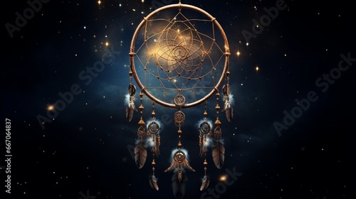 A dream catcher woven with cosmic patterns, floating in the vastness of space, capturing dreams from distant galaxies and celestial wonders. photo