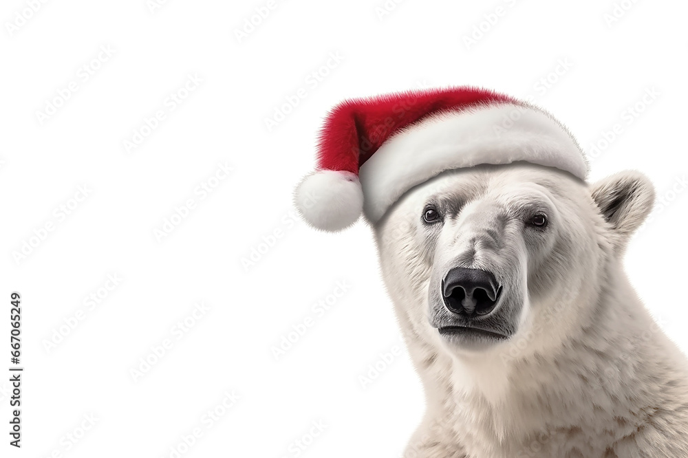 The polar bear in a red Santa Claus hat. New year or Christmas concept with wild zoo animal The polar bear in a red Santa Claus hat. New year or Christmas concept with wild zoo animal