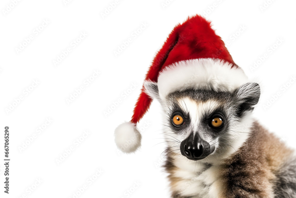 Close up portrait of funny Ring-tailed lemur or catta lemur in red Santa Claus hat. New year or Christmas concept with wild zoo animals Close up portrait of funny Ring-tailed lemur or catta lemur in red Santa Claus hat. New year or Christmas concept with wild zoo animals