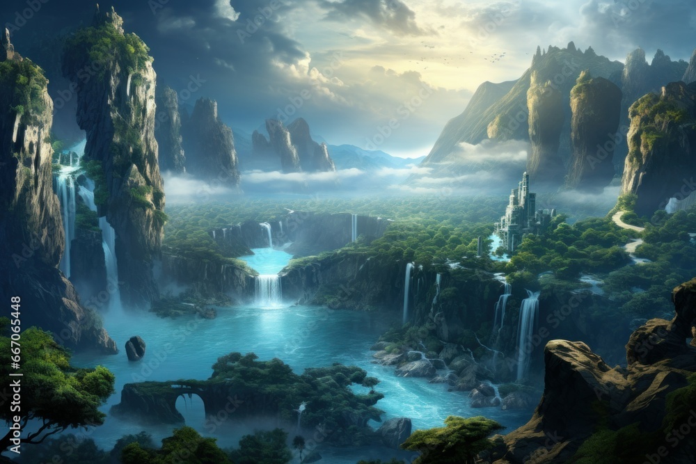 Vivid Fantasy planet landscape. Nature space. Generate Ai
