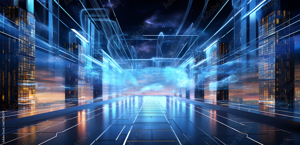A futuristic representation of cloud data centre. The futuristic design encapsulates cloud computing and modern technological advancements, highlighted by blue hues and digital interfaces. - obrazy, fototapety, plakaty 
