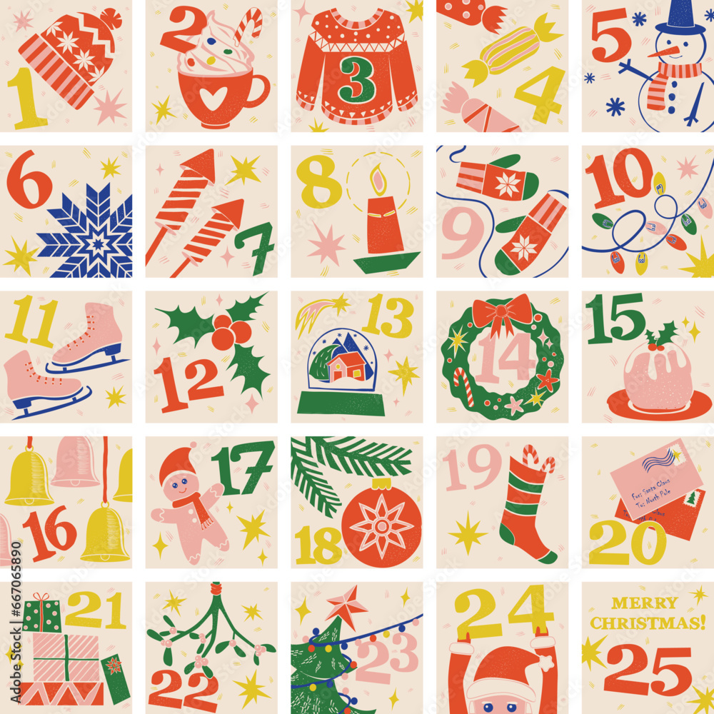Christmas festive advent calendar with hand-drawn illustrations in linocut style.