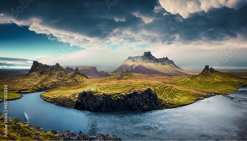 Fantastic landscape of New Zealand and Iceland, fantasy backdrop