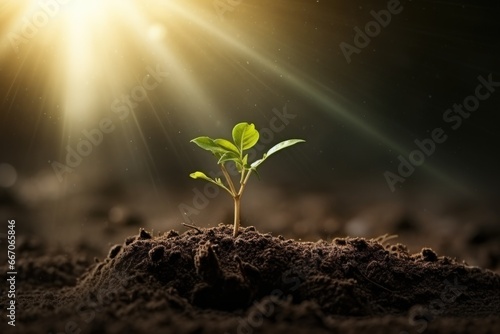 Banner with young plant growing in garden. Seedling are growing in the soil with backdrop of the mourning sunlight. Green world and Earth day concept. Ecology and ecological balance