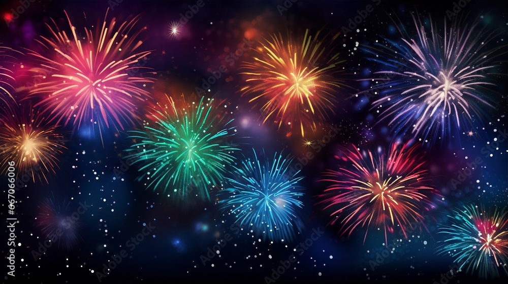 Beautiful happy new year background with fireworks, space for text, illustration, stock photo