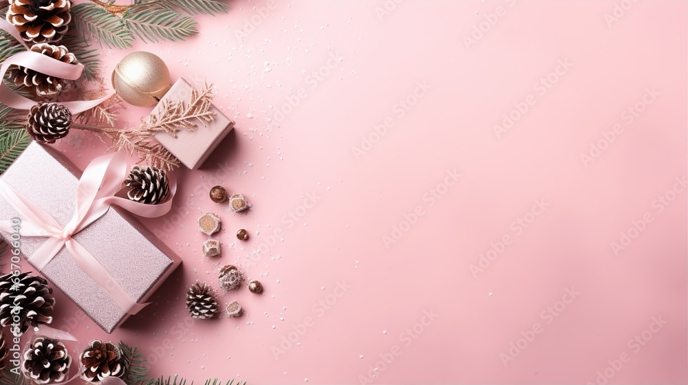 Christmas and New Year background - gift boxes and pine cones and branches on the pink background, top view, photo, stock photo Christmas and New Year background - gift boxes and pine cones and branches on the pink background, top view, photo, stock photo