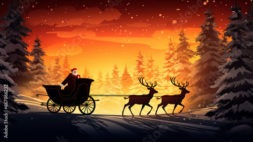 Silhouette Santa Claus with carriage deer © arjan_ard_studio