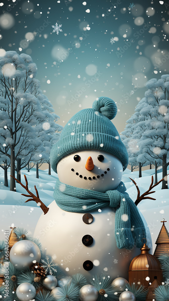 Obraz premium high narrow postcard with a Christmas snowman on a festive background illustration for children