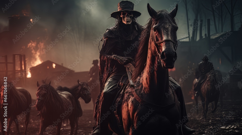 Black horseman of apocalypse riding black horse AI Black horseman of apocalypse riding black horse AI