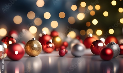 Christmas balls and golden bokeh lights.