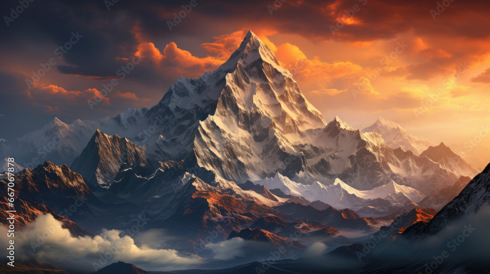 Ethereal Snowy Peaks Heralding Mysterious Clouded Valleys - Fictional Place, Generative AI