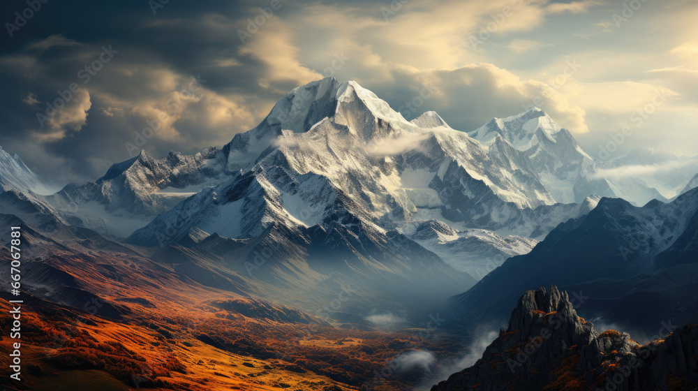 Snow-Crowned Peaks Overlooking Cloud-Enshrouded Valleys - Fictional Place, Generative AI