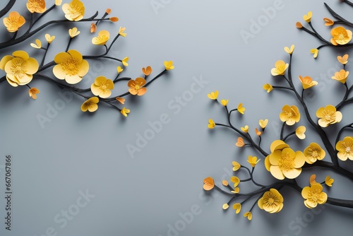 Cherry or sakura yellow paper flowers on gray background. Greeting card template for wedding  mother s or woman s day. Springtime flat lay composition with copy space. Papercraft  quilling