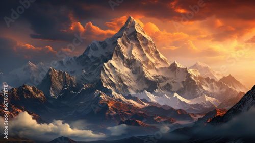 Ethereal Snowy Peaks Heralding Mysterious Clouded Valleys - Fictional Place, Generative AI