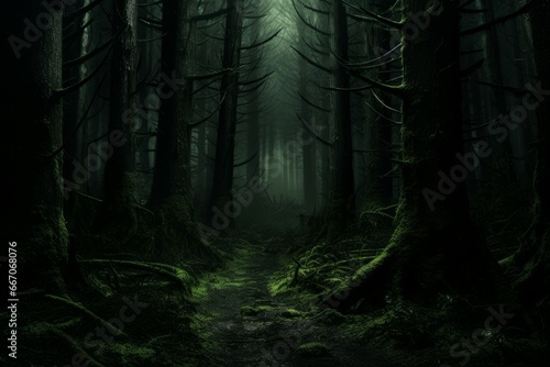 Eerie Forest creepy dark. Mist moon fog. Generate Ai