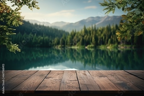 A table composed of wood with a view of the lake