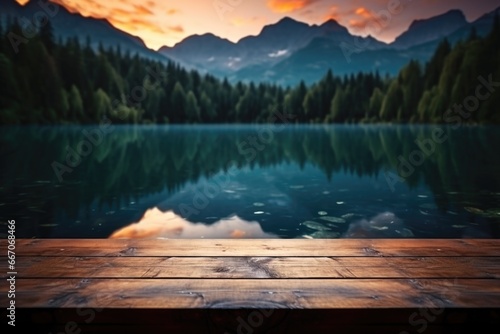 A wooden surface placed beside a serene lake