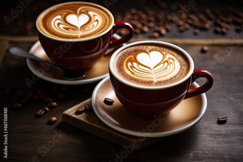 Morning elegance. Heartfelt cappuccino creation. Cafe charm. Latte art and love in every sip. Aromatic bliss on wooden table. Heartwarming experience