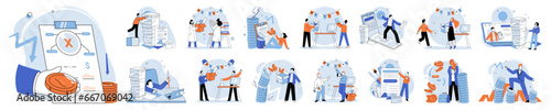 Paperwork. Vector illustration. Bureaucracy adds unnecessary complexity to paperwork process A report needs to be prepared for companys financial information The desk looks messy with scattered papers