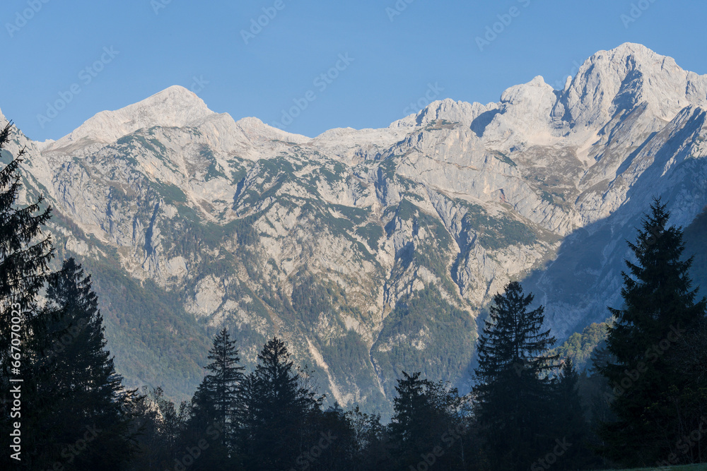 Kamnik Alps, Brana and Skuta from Kamniška Bistrica, Julian alps, Slovenia, Central Europe,