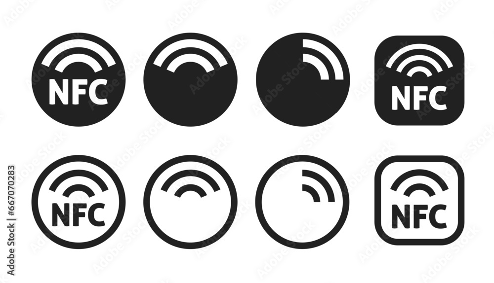 NFC icon symbol vector sticker pictogram graphic simple set, wireless contactless signal wifi technology glyph solid and line outline linear stroke label, remote radio antenna transmission sign image - obrazy, fototapety, plakaty 