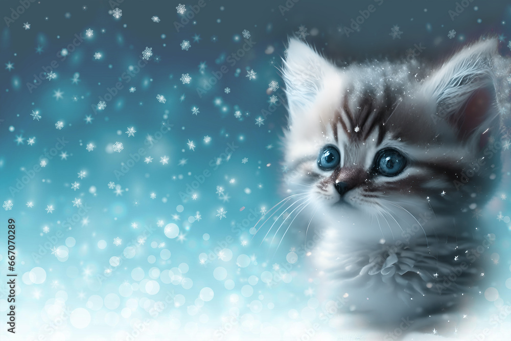 A small kitten with blue eyes sits in the snow. New Year card.