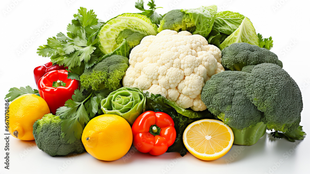 Composition with variety of raw organic vegetables on a white surface. Balanced diet. Food background. Healthy food. Generative AI technology. Composition with variety of raw organic vegetables on a white surface. Balanced diet. Food background. Healthy food. Generative AI technology.