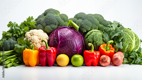 Composition with variety of raw organic vegetables on a white surface. Balanced diet. Food background. Healthy food. Generative AI technology. © Grycaj