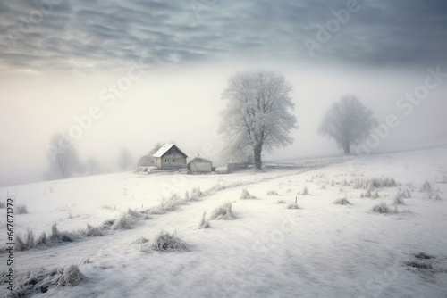 Snowy field enveloped in mist, creating a wintry scene in rural Bavaria. Generative AI