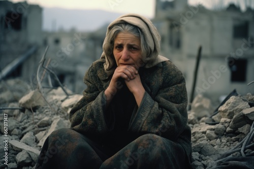 The person, downcast from the war, is haggard, his face expresses grief, his clothes are decrepit. Victim of war, genocide, war crisis conflict. © Alla