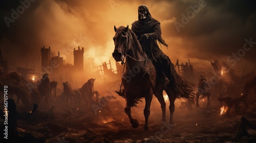 Black horseman of apocalypse riding black horse AI photo