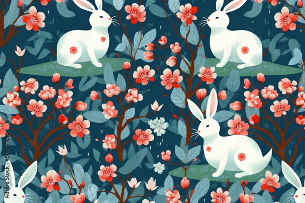 Repeating design featuring cute bunnies and blossoming cherry trees. Generative AI