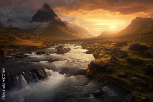 Stunning landscape with golden hour lighting, waterfall, mountains, and river. Generative AI © Aidenyas