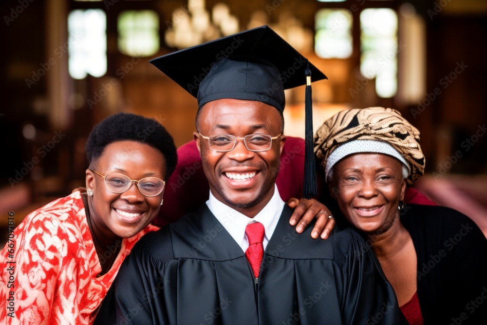 Fototapeta premium African American student celebrates graduation with his family. success and education event Diversity, smile and excited graduates celebrate at happy campus, university goals, family and education 