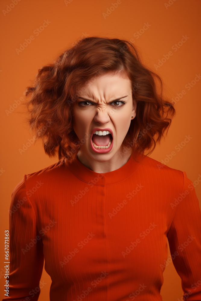 portrait of angry redhead woman isolated on plain orange studio background portrait of angry redhead woman isolated on plain orange studio background
