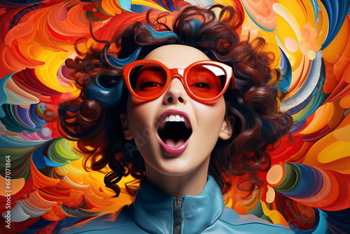 surprised young woman in sunglasses on a bright multicolored background