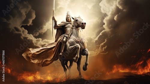 White horseman of apocalypse riding white horse AI photo