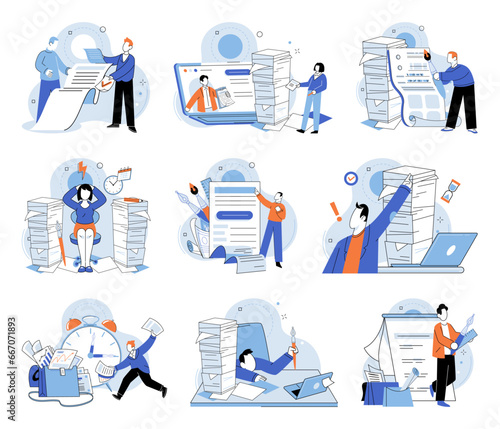 Paperwork. Vector illustration. Managing multiple tasks simultaneously, including paperwork, is necessary The workload often leaves little time for managing paperwork effectively Hours